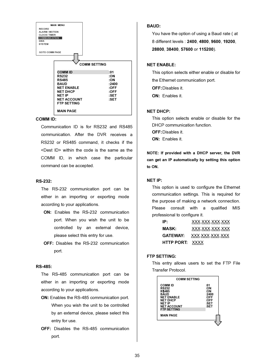 Approach Tech DVR-3024 manual Comm ID, Baud, NET Enable, NET Dhcp, Net Ip, FTP Setting 