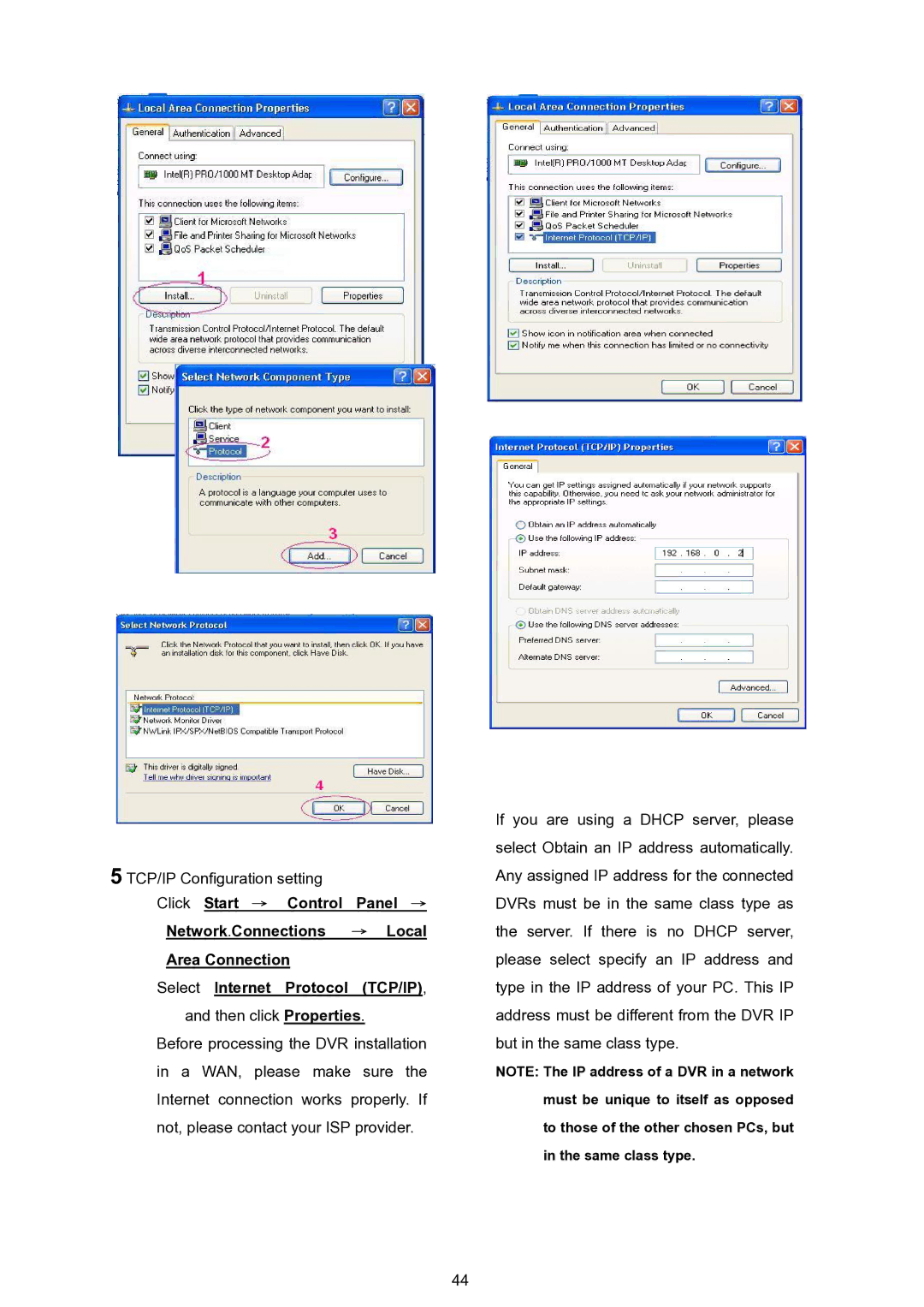 Approach Tech DVR-3024 manual Click Start → Control Panel →, Network.Connections → Local, Area Connection 