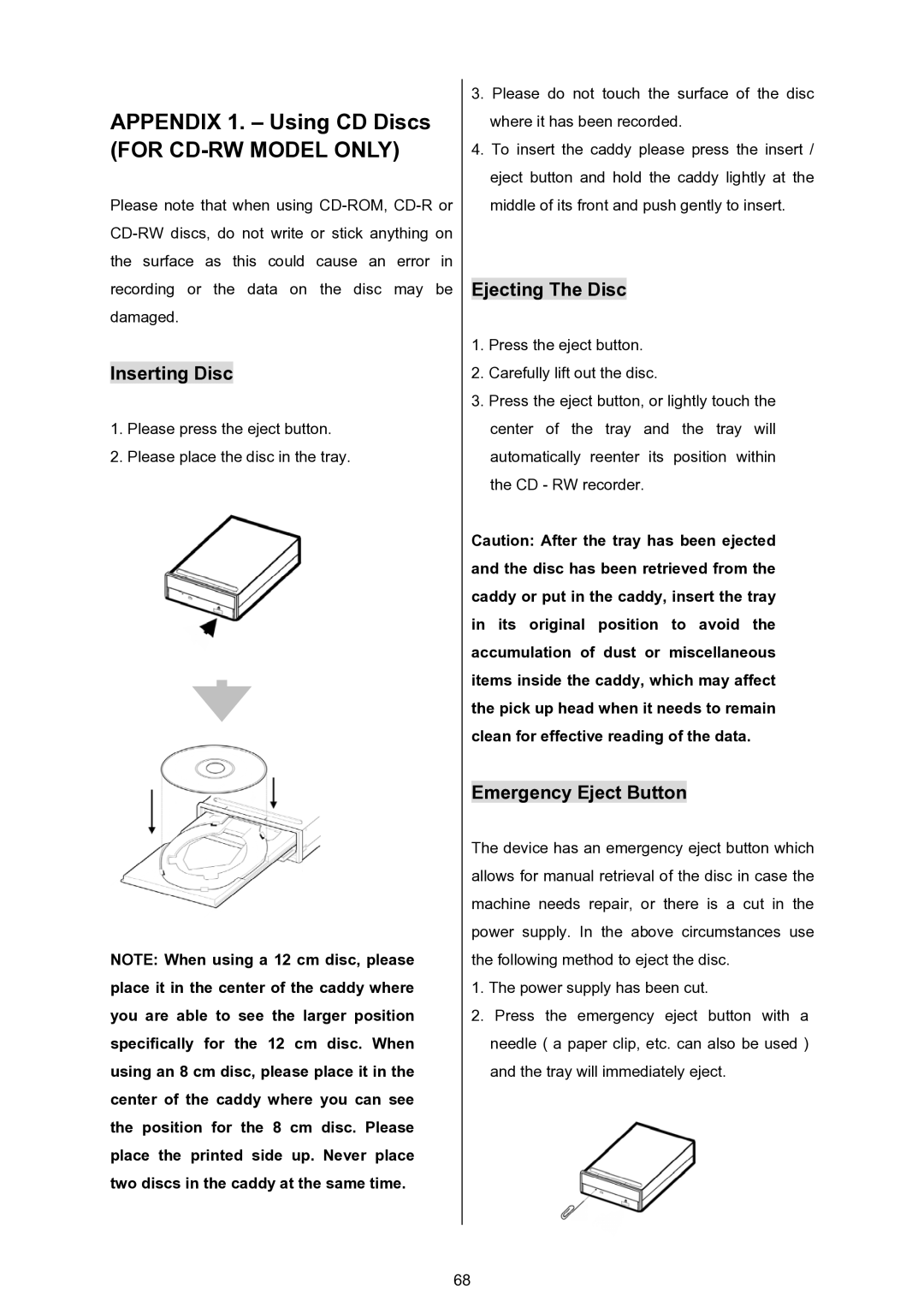 Approach Tech DVR-3024 manual Appendix 1. Using CD Discs, For CD-RW Model only, Inserting Disc, Ejecting The Disc 