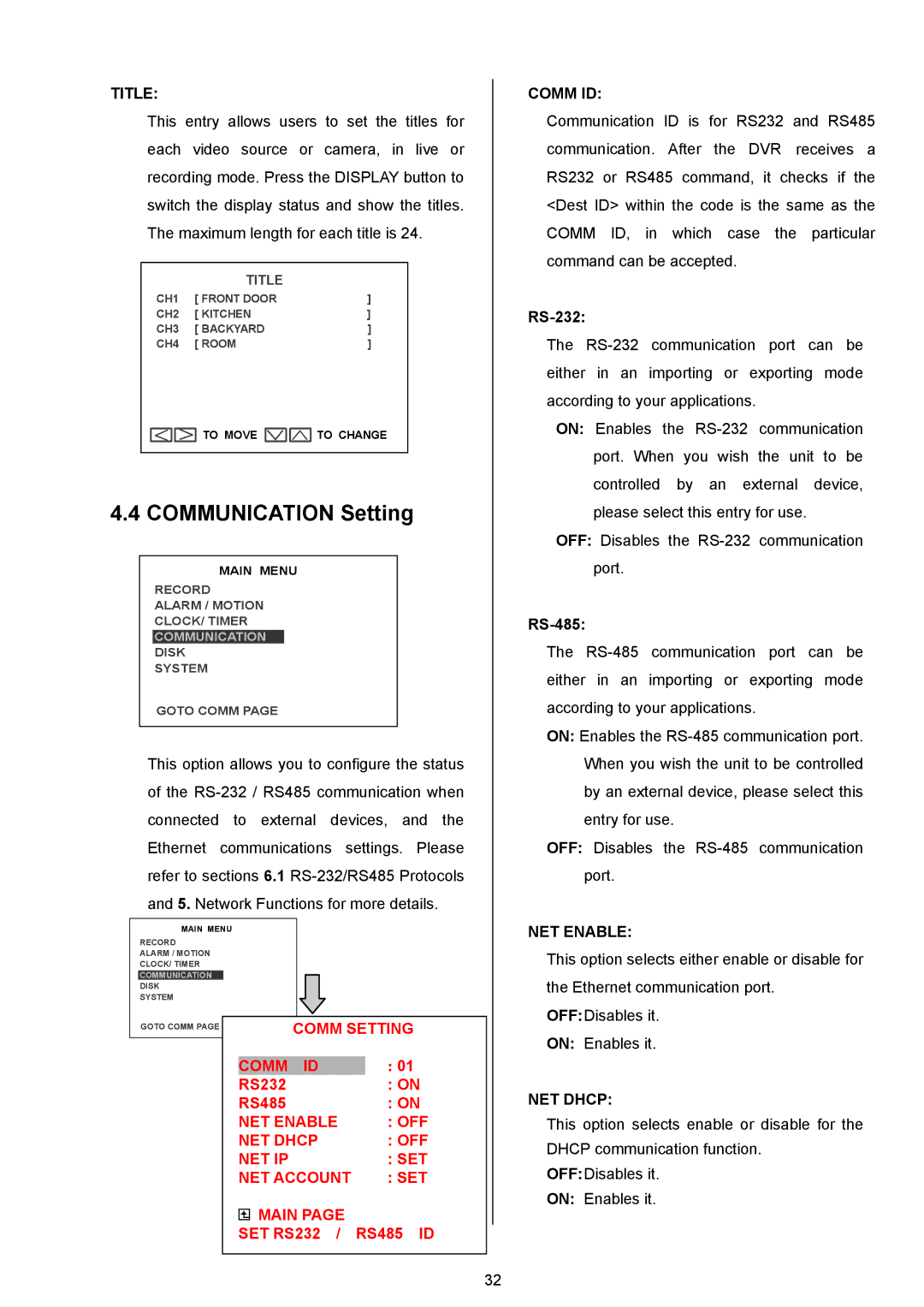 Approach Tech DVR-3024M, DVR-3024MD manual Communication Setting, Comm ID, NET Enable, NET Dhcp 