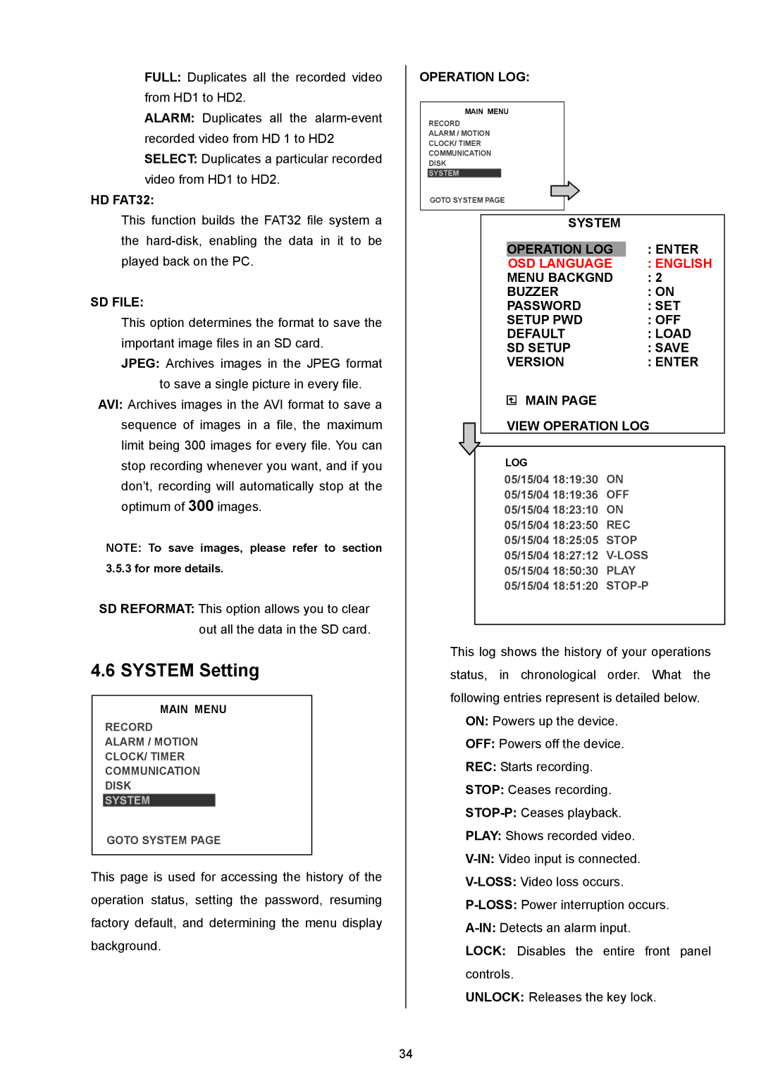 Approach Tech DVR-3024M, DVR-3024MD manual System Setting, HD FAT32, SD File, System Enter Operation LOG 