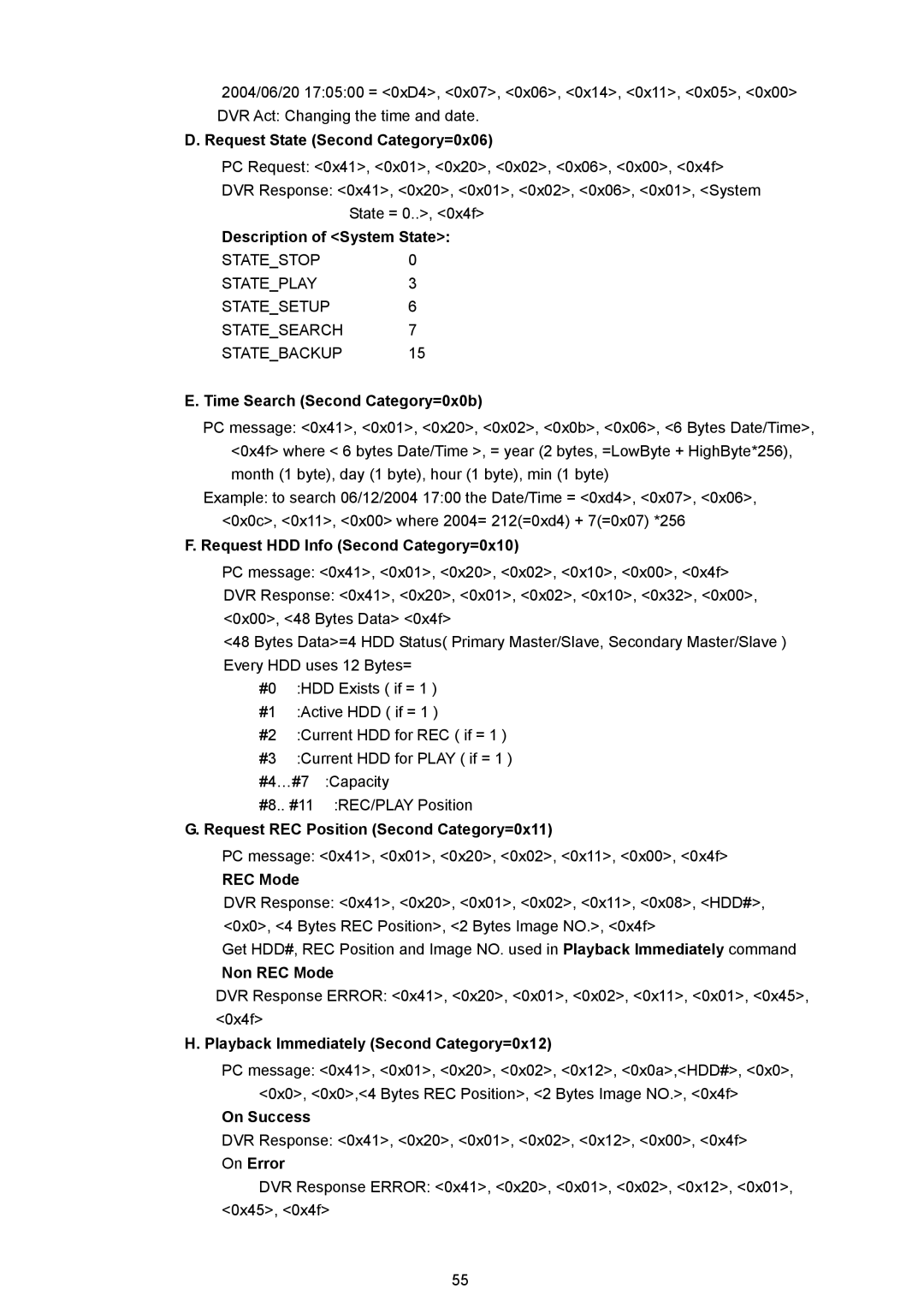 Approach Tech DVR-3024M, DVR-3024MD Request State Second Category=0x06, Description of System State, REC Mode, On Success 