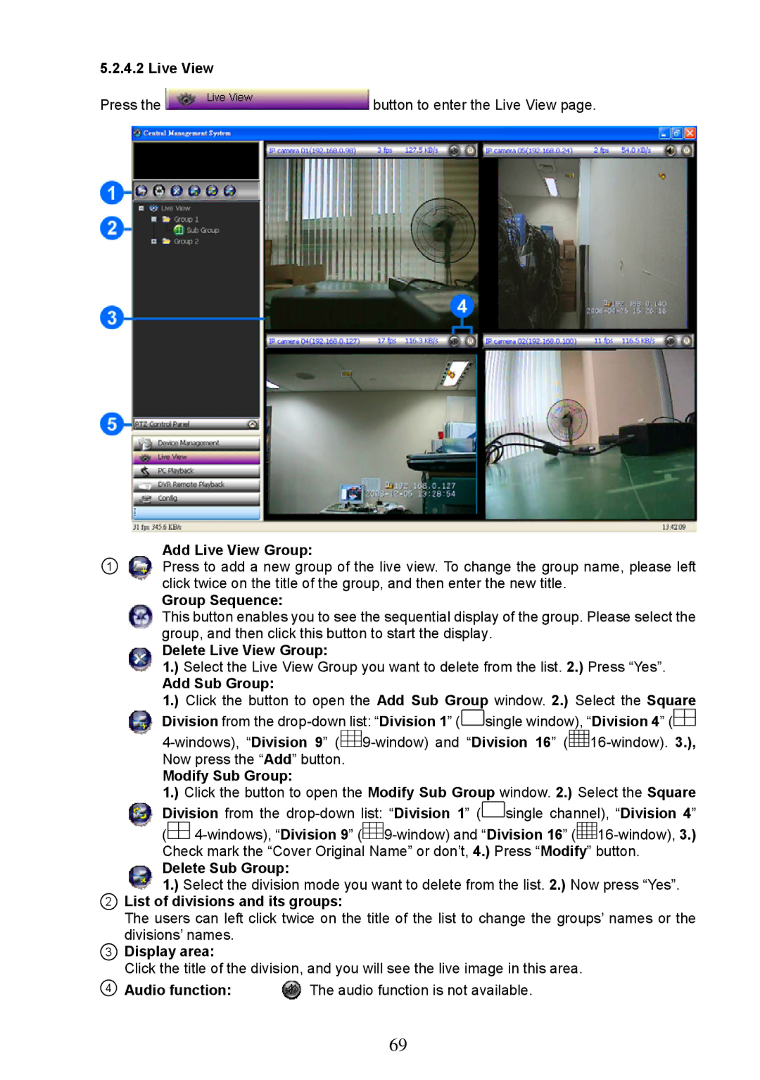 Approach Tech LC-7314 Add Live View Group, Group Sequence, Delete Live View Group, Add Sub Group, Modify Sub Group 