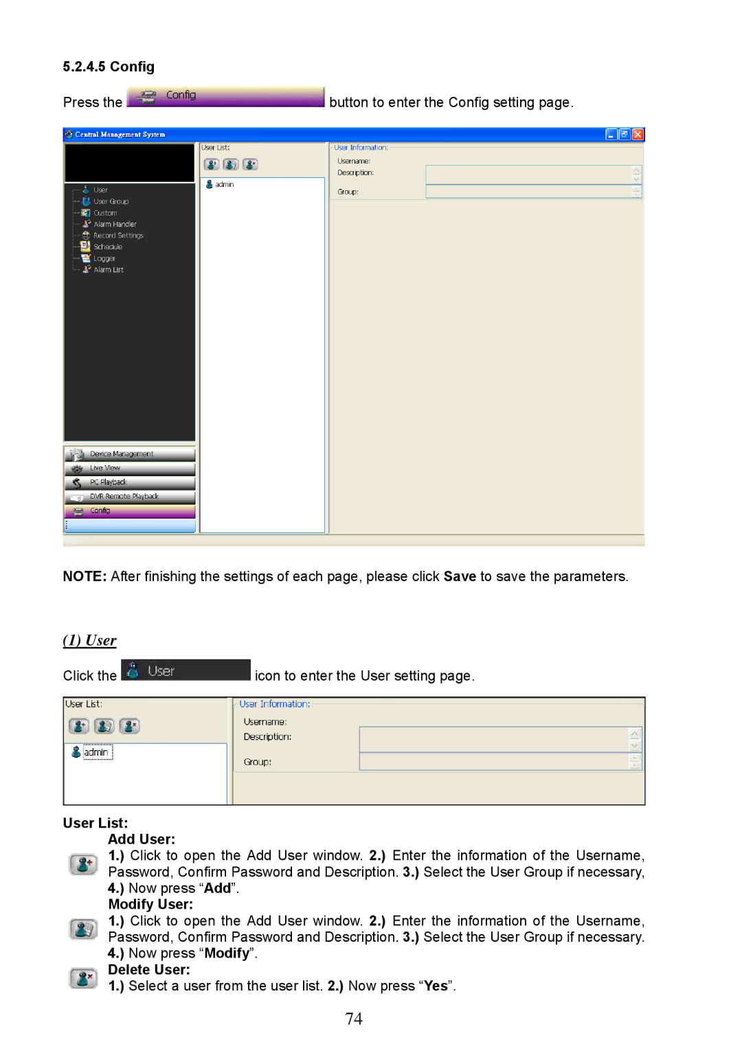 Approach Tech LC-7314 manual Config, User List Add User, Modify User, Delete User 