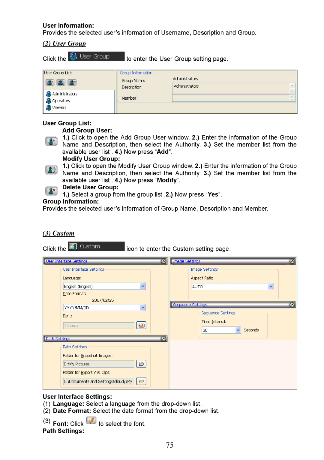 Approach Tech LC-7314 manual User Information, User Group List Add Group User, Modify User Group, Delete User Group 