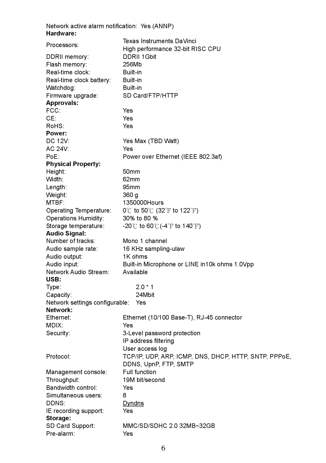 Approach Tech LC-7314 manual Hardware, Approvals, Power, Physical Property, Audio Signal, Network, Storage 