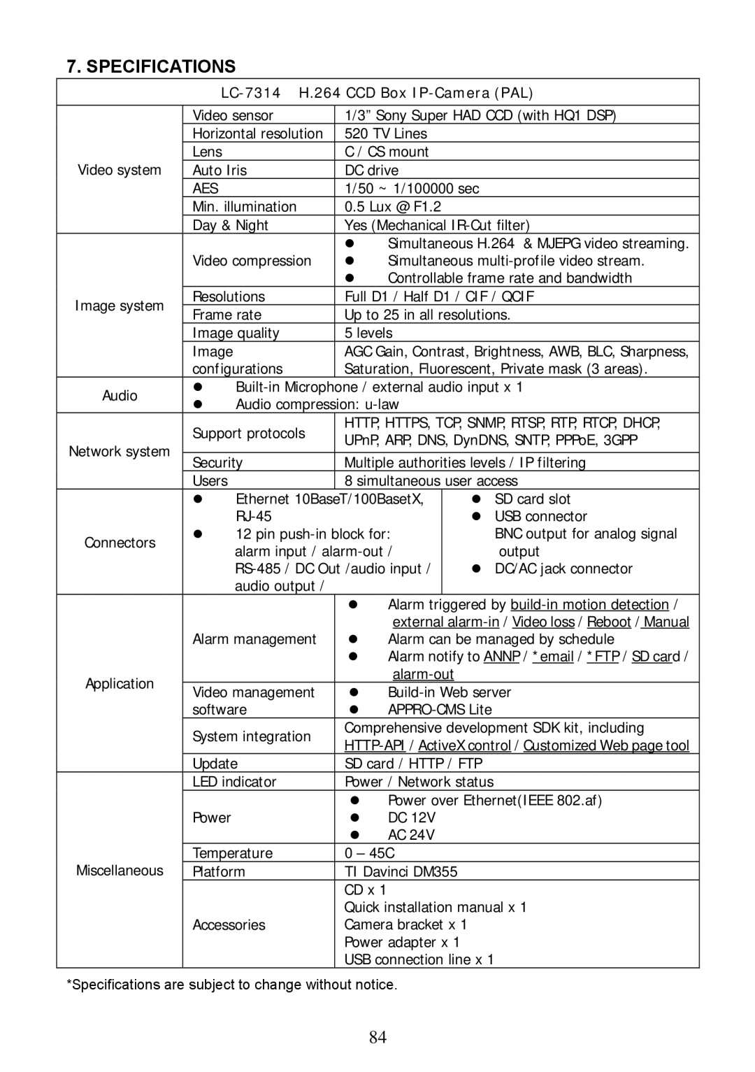 Approach Tech LC-7314 manual Specifications 