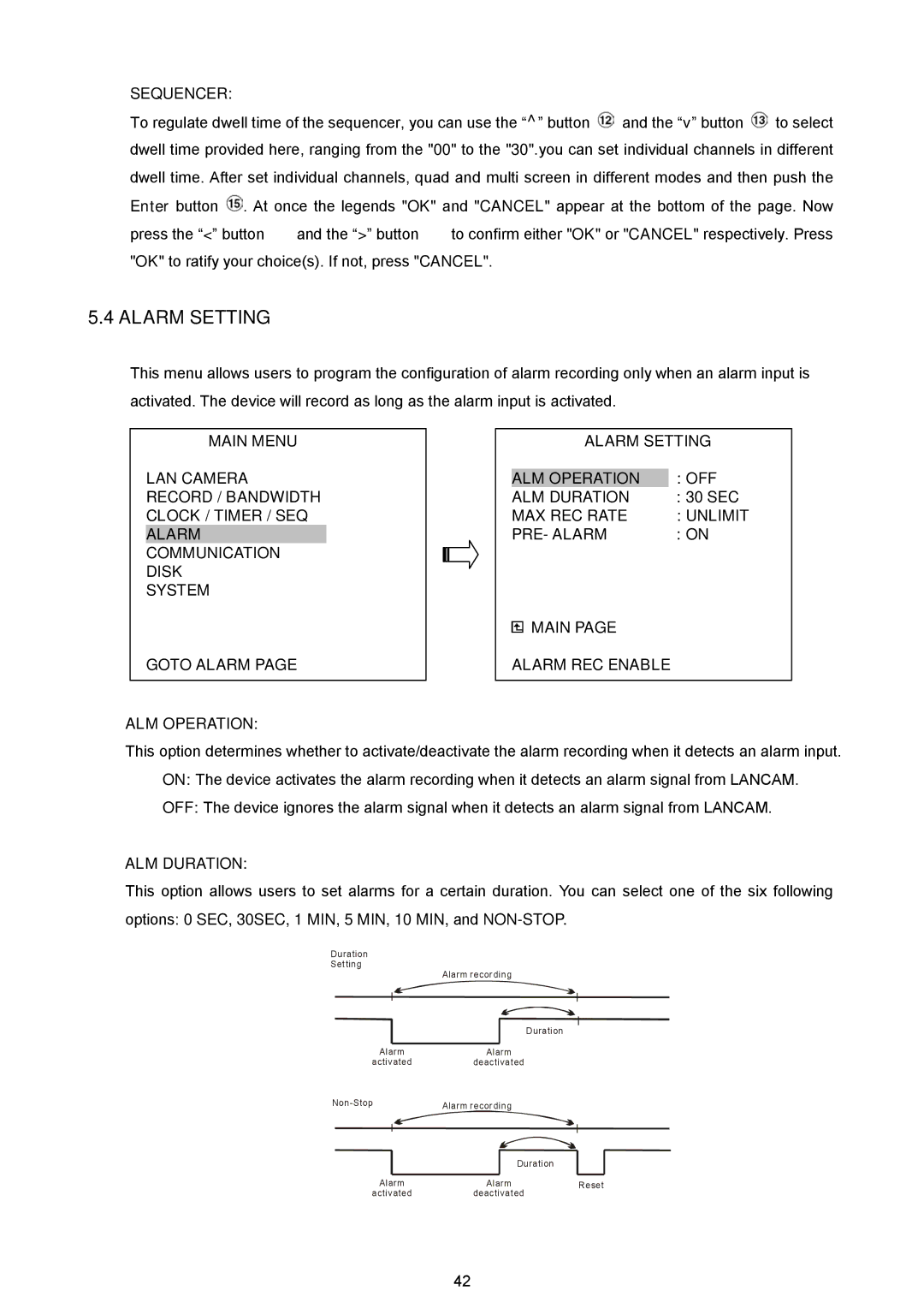 Approach Tech NVR-2018 manual Alarm Setting, MAX REC Rate Unlimit PRE- Alarm Main Alarm REC Enable 