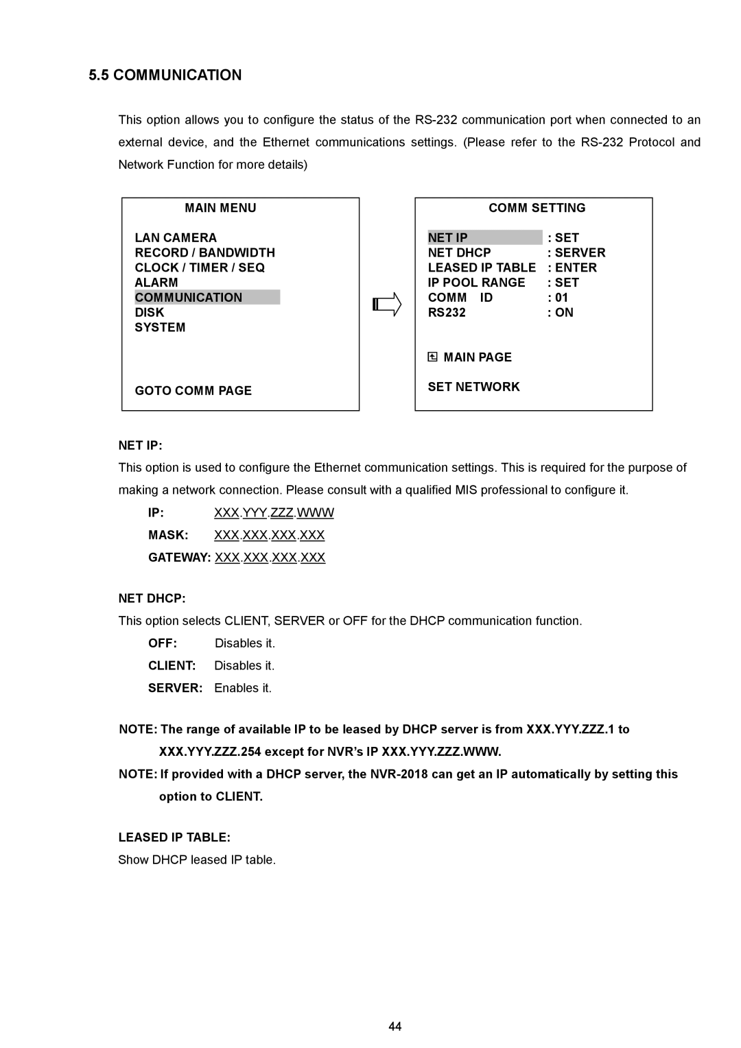 Approach Tech NVR-2018 manual RS232, Main SET Network 