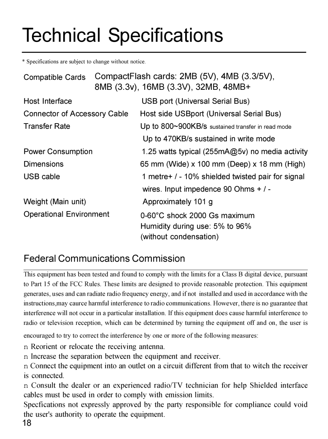 Apricorn 09N0692 user manual Technical Specifications, Federal Communications Commission 