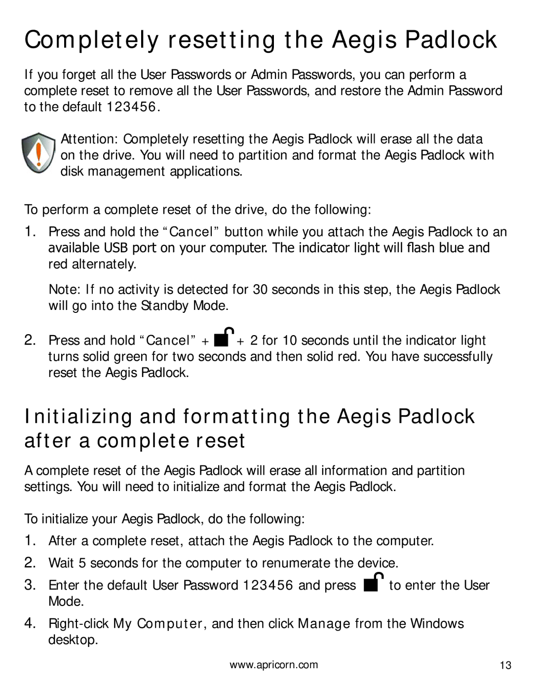 Apricorn A25PL256S256 user manual Completely resetting the Aegis Padlock 