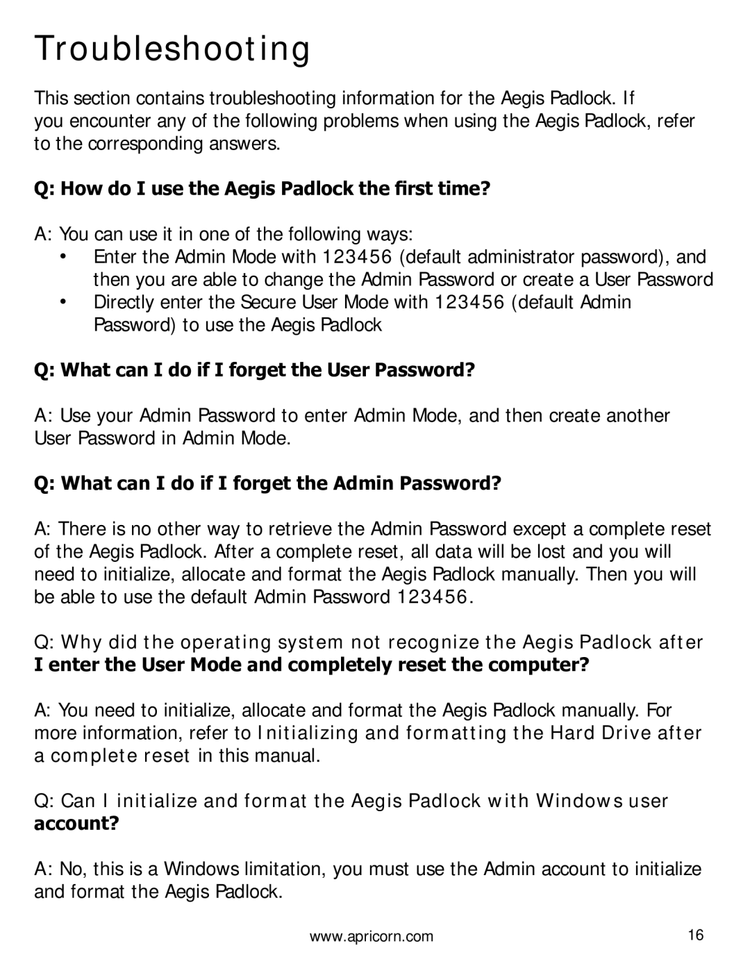 Apricorn A25PL256S256 user manual Troubleshooting, How do I use the Aegis Padlock the first time? 