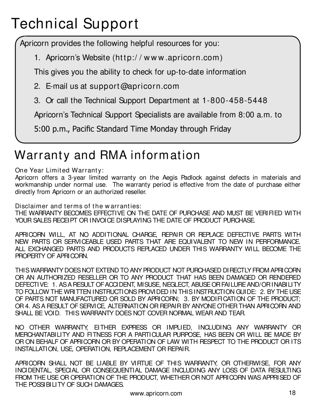 Apricorn A25PL256S256 user manual Technical Support, Warranty and RMA information 