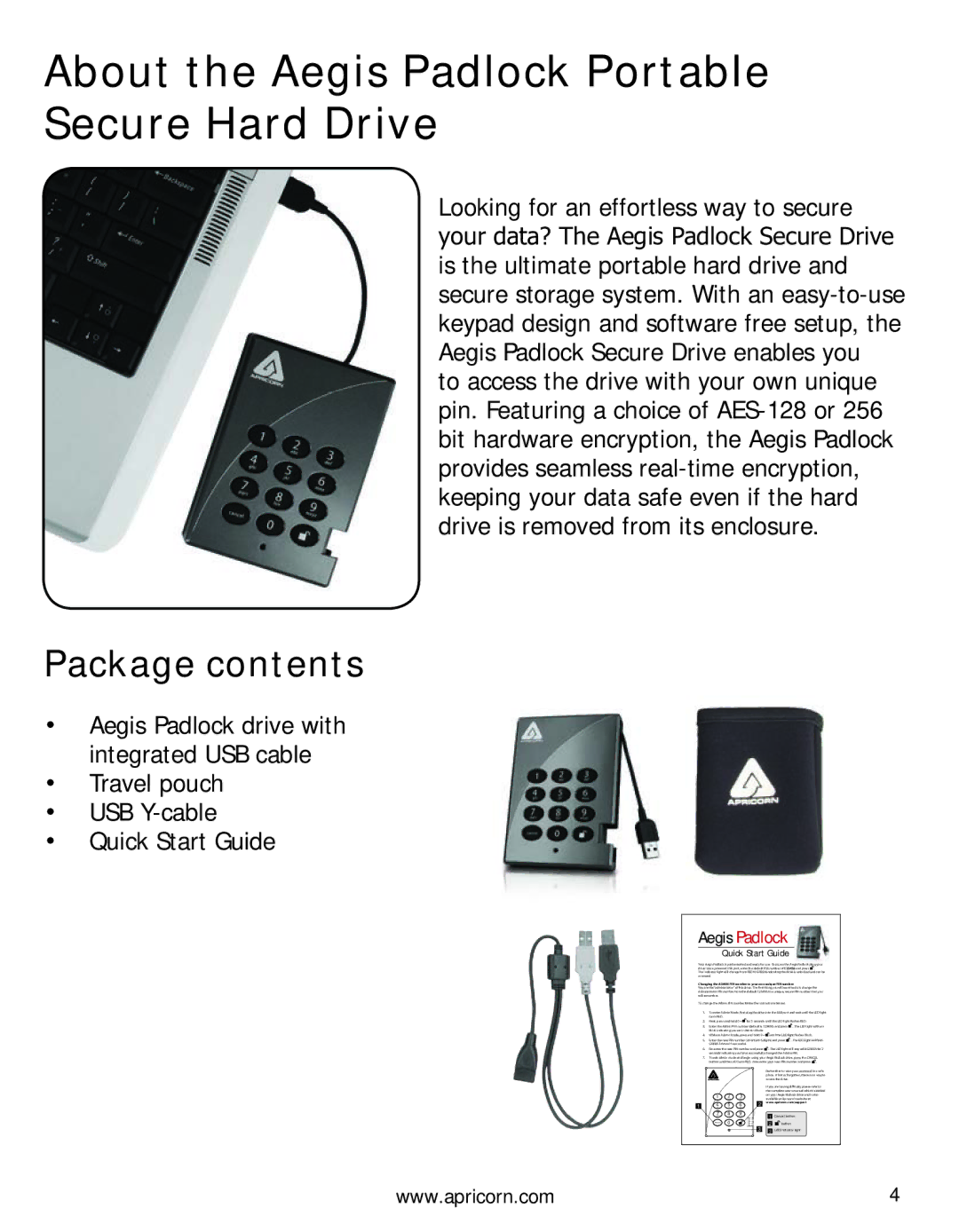 Apricorn A25PL256S256 user manual About the Aegis Padlock Portable Secure Hard Drive, Package contents 