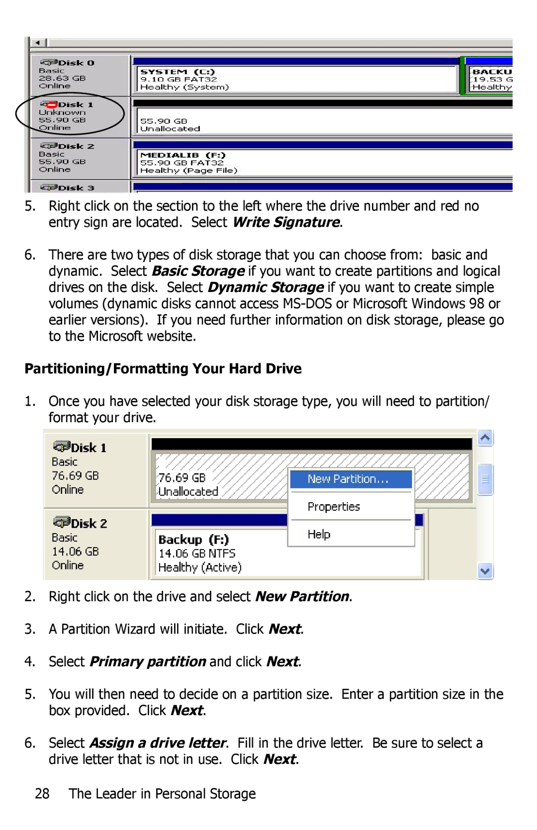 Apricorn EZ Bus DTS manual Partitioning/Formatting Your Hard Drive, Select Primary partition and click Next 