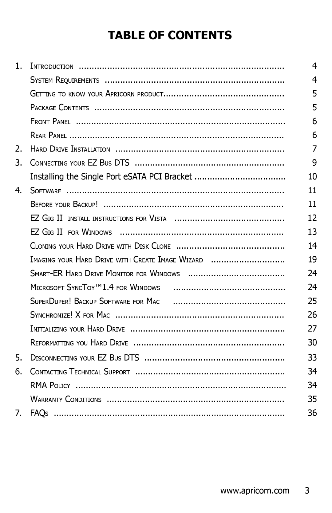 Apricorn EZ Bus DTS manual Table of Contents 