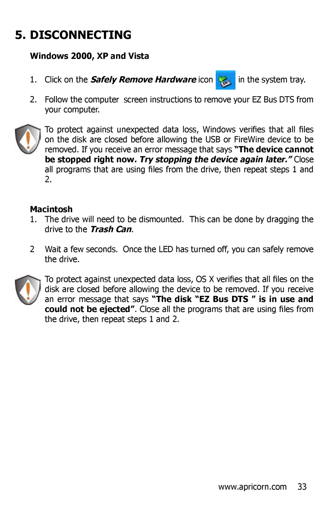 Apricorn EZ Bus DTS manual Disconnecting, Windows 2000, XP and Vista, Macintosh 