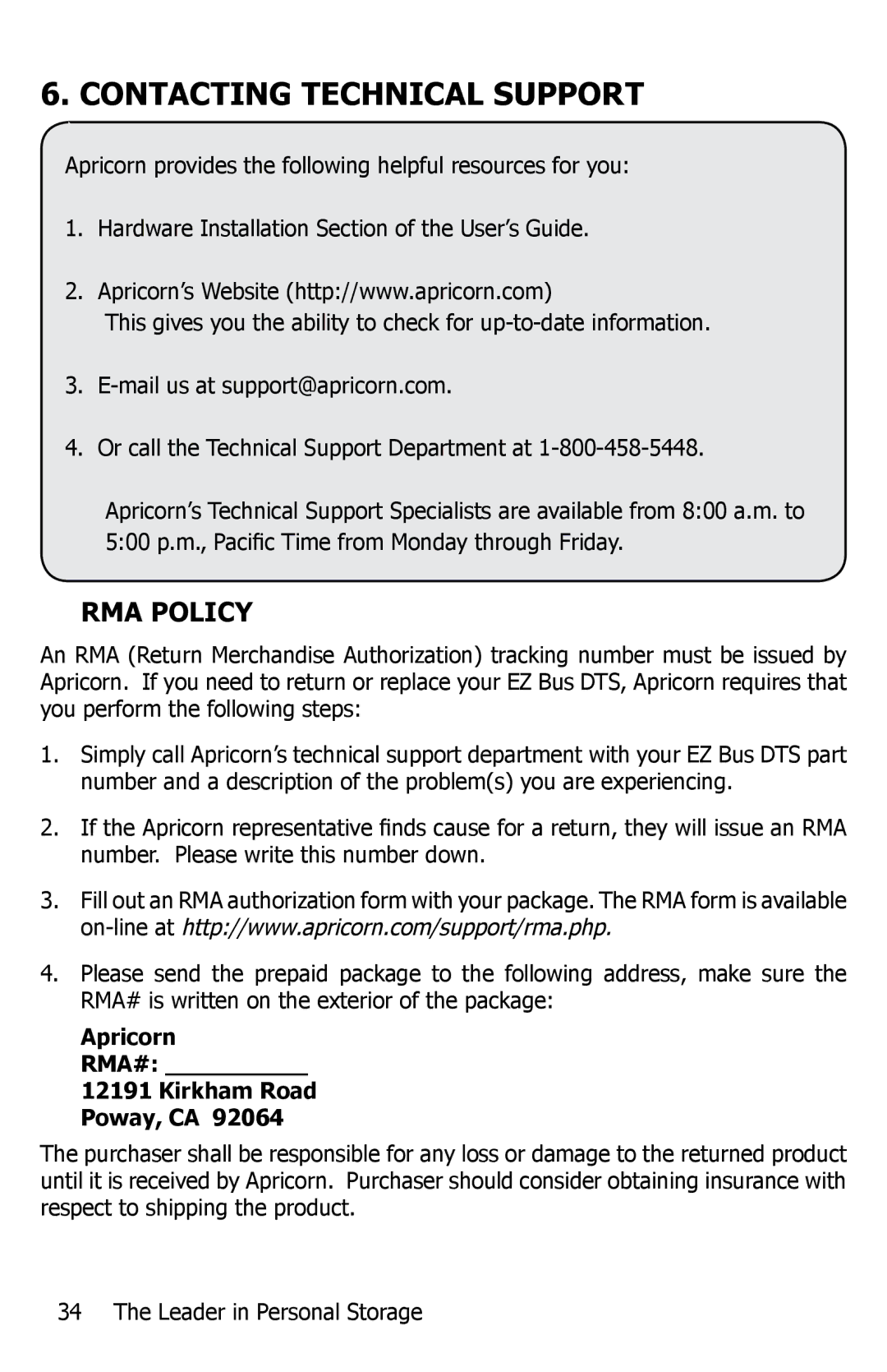 Apricorn EZ Bus DTS manual Contacting Technical Support, Apricorn RMA# Kirkham Road Poway, CA 