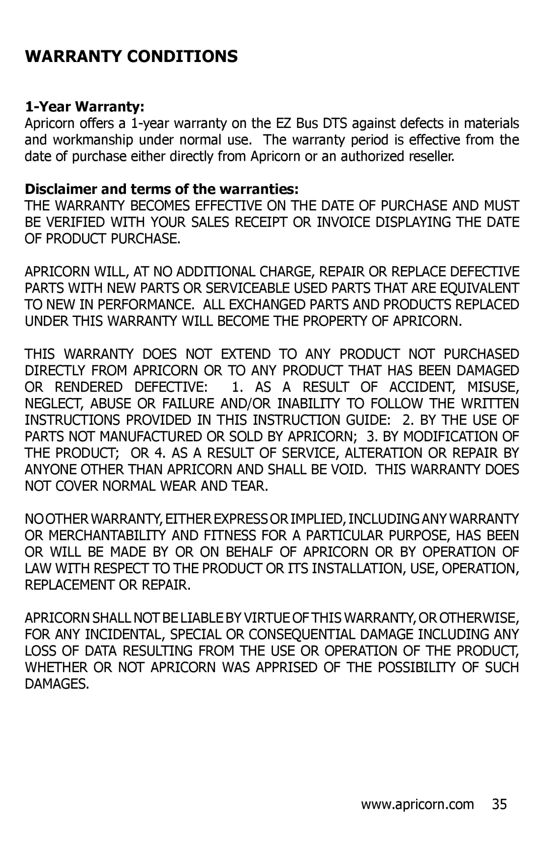 Apricorn EZ Bus DTS manual Year Warranty, Disclaimer and terms of the warranties 