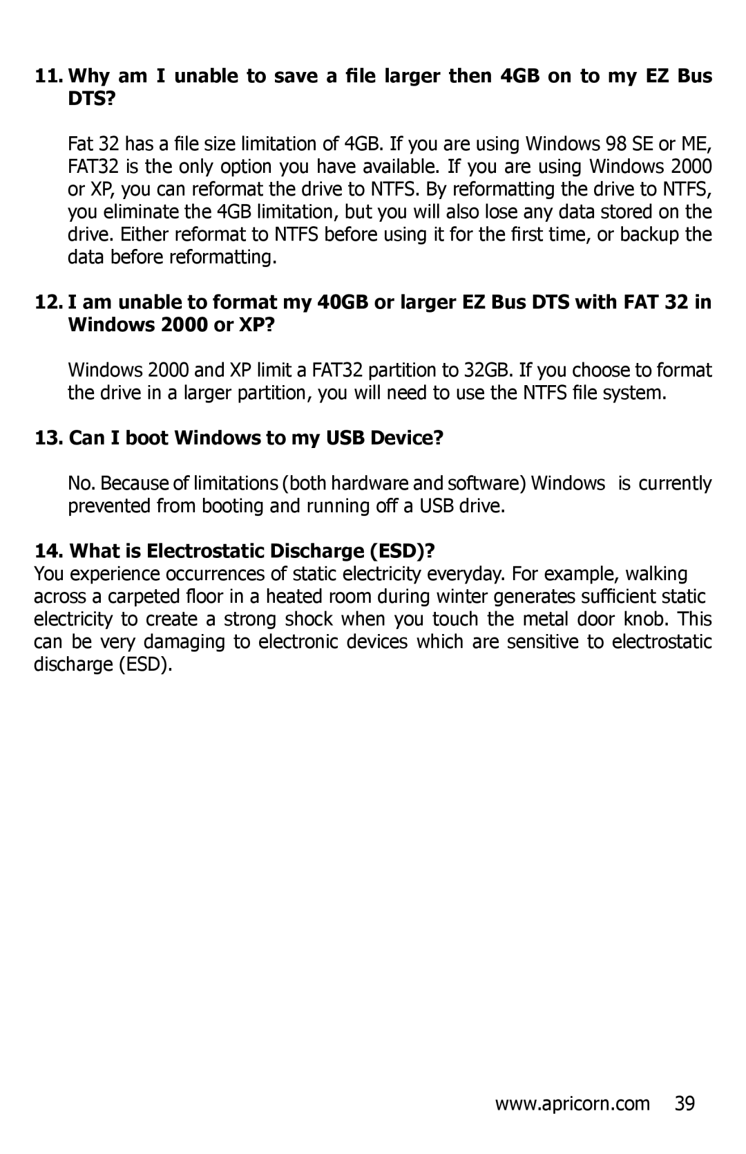 Apricorn EZ Bus DTS manual Can I boot Windows to my USB Device?, What is Electrostatic Discharge ESD? 