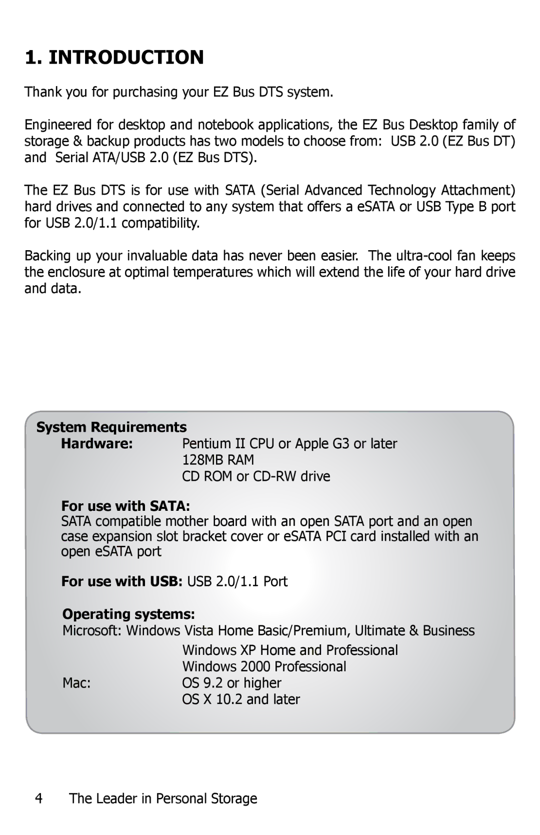 Apricorn EZ Bus DTS manual Introduction, System Requirements, For use with Sata 