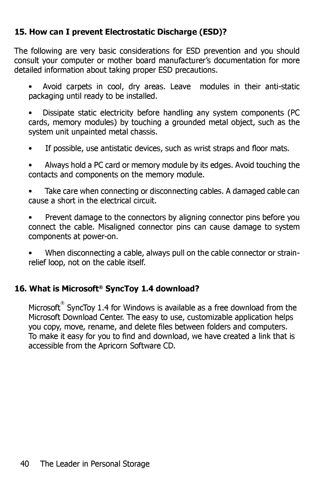 Apricorn EZ Bus DTS manual How can I prevent Electrostatic Discharge ESD?, What is Microsoft SyncToy 1.4 download? 