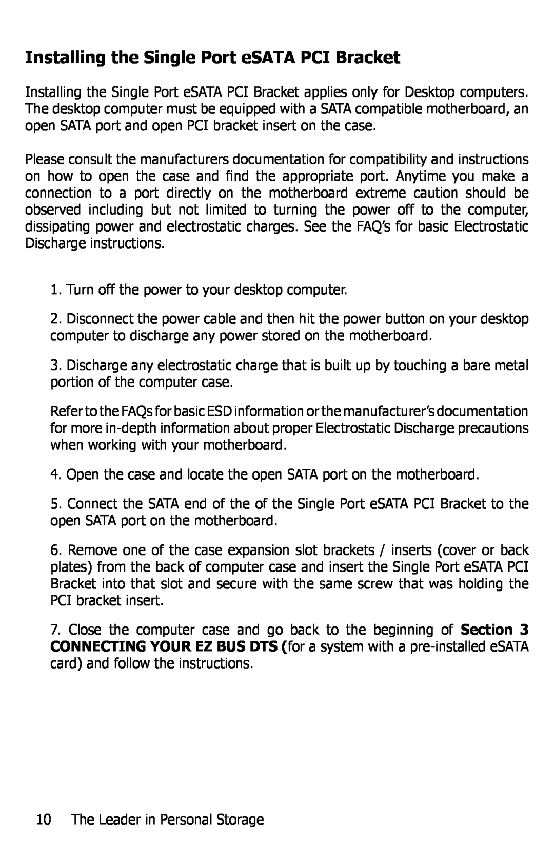 Apricorn EZ Bus DTS manual Installing the Single Port eSATA PCI Bracket 