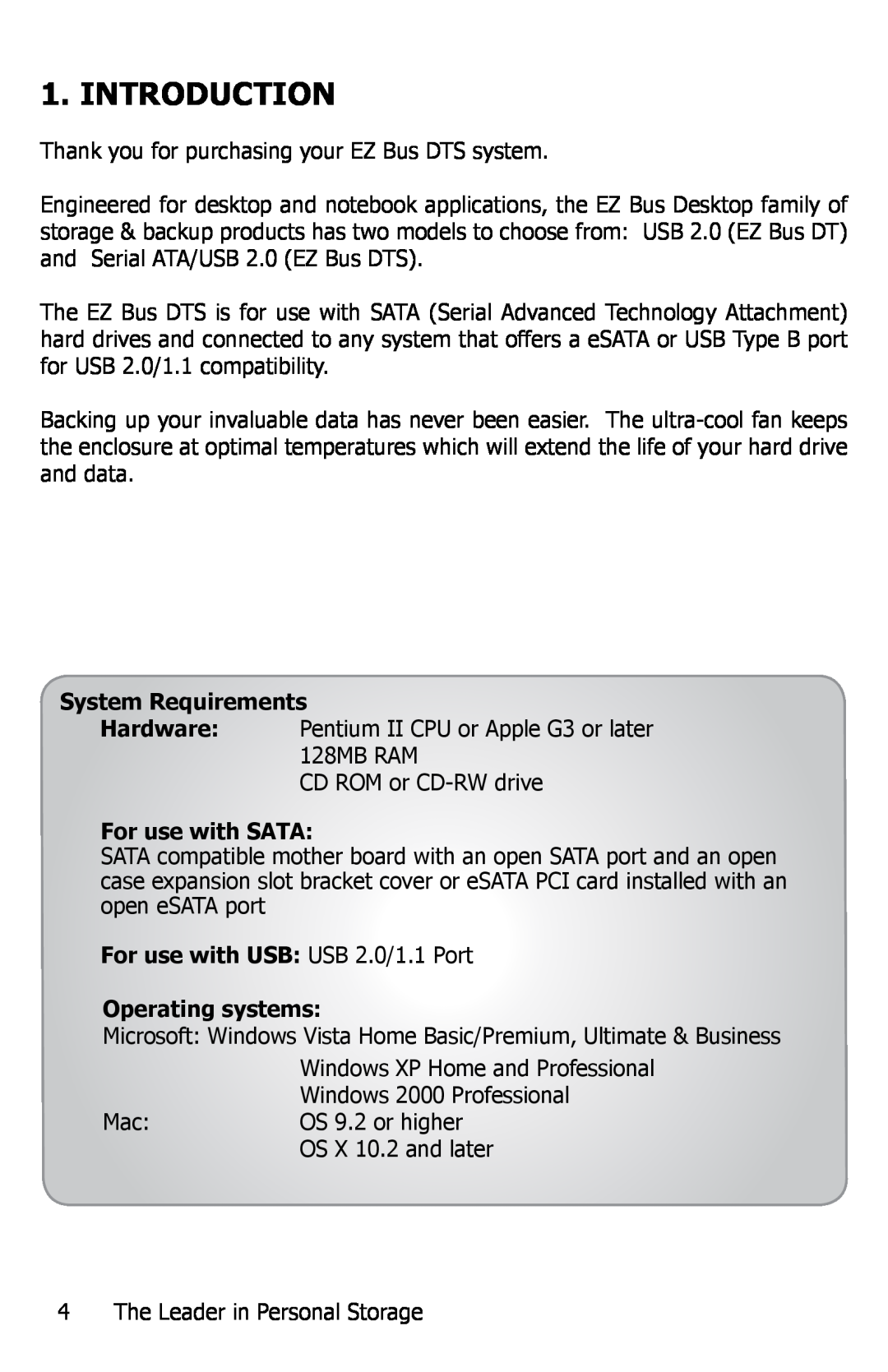 Apricorn EZ Bus DTS manual Introduction, System Requirements, For use with SATA 
