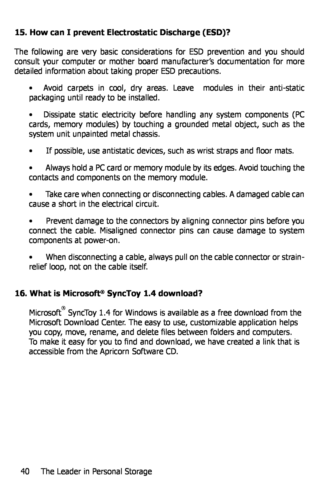 Apricorn EZ Bus DTS manual How can I prevent Electrostatic Discharge ESD?, What is Microsoft SyncToy 1.4 download? 
