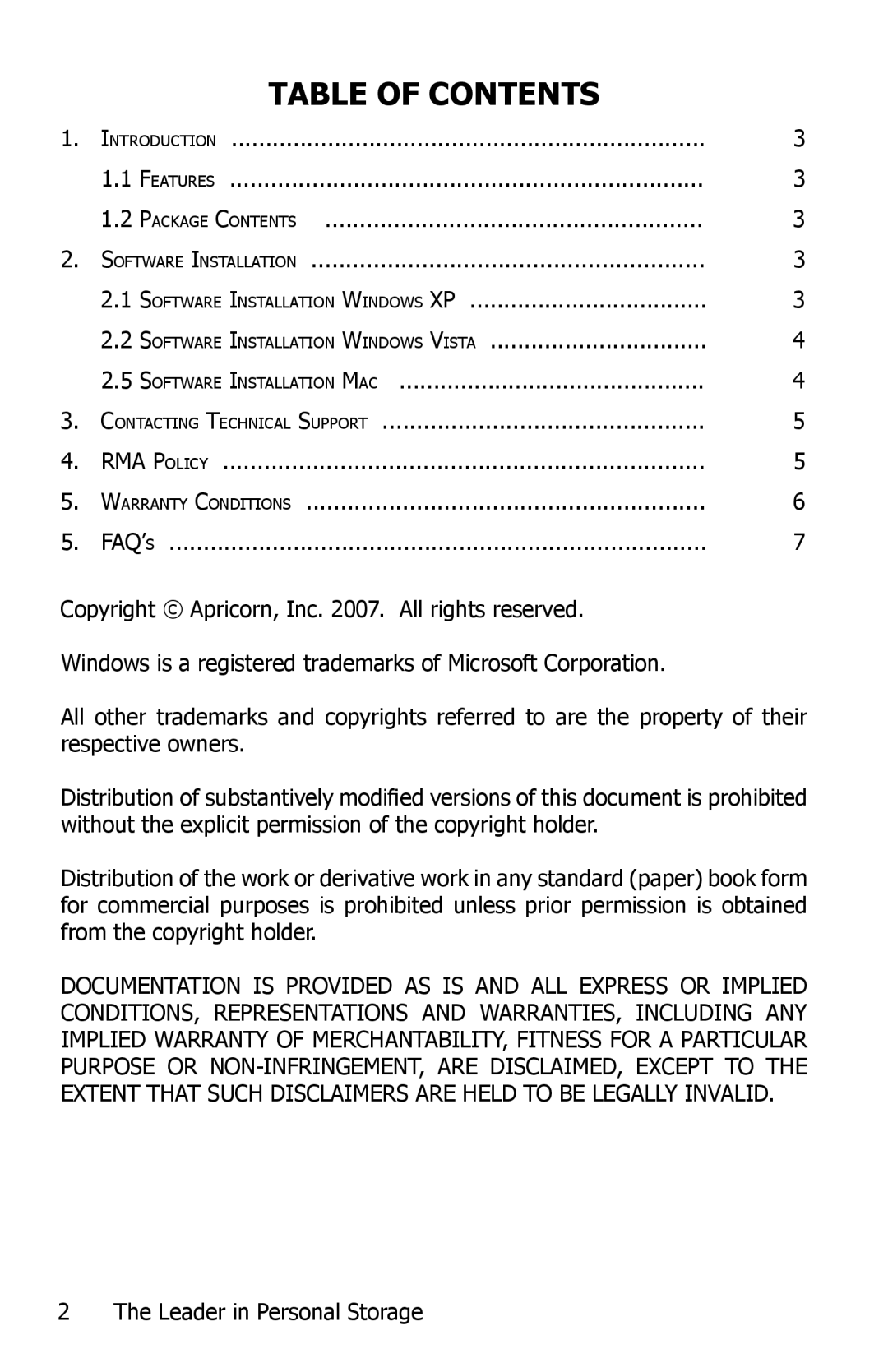 Apricorn N/A manual Table of Contents 