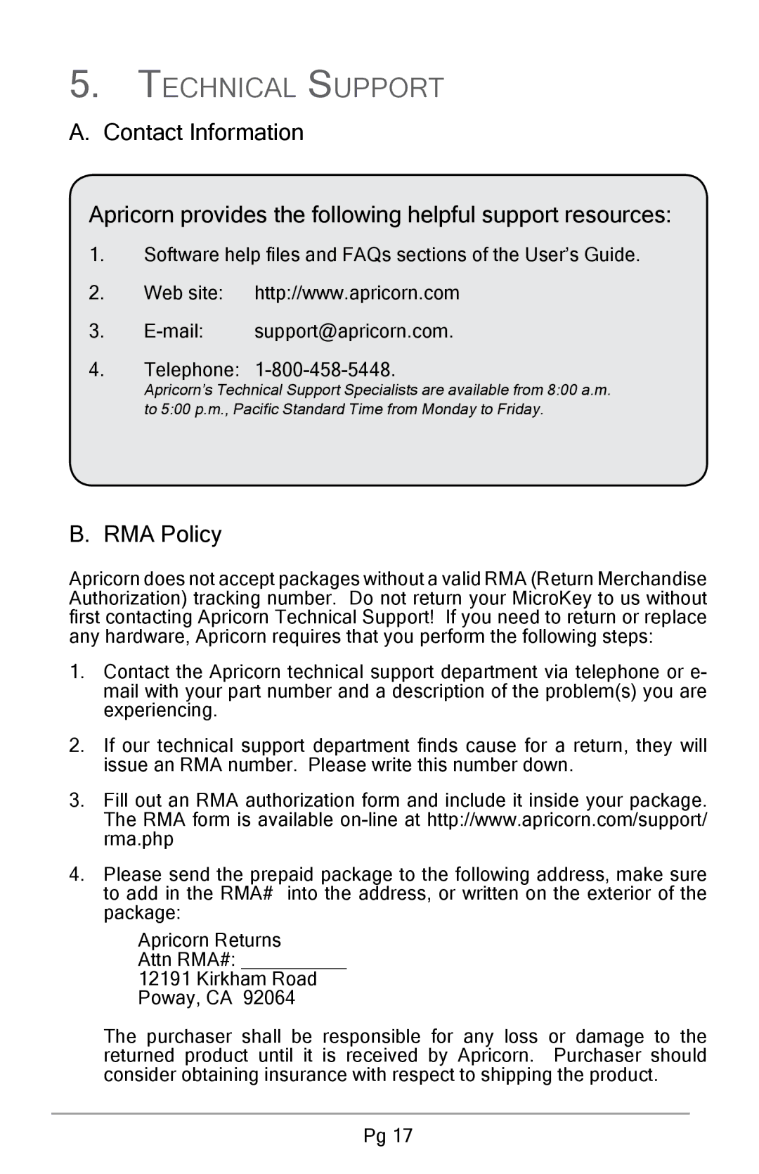 Apricorn USB Storage Device user manual Technical Support, RMA Policy 