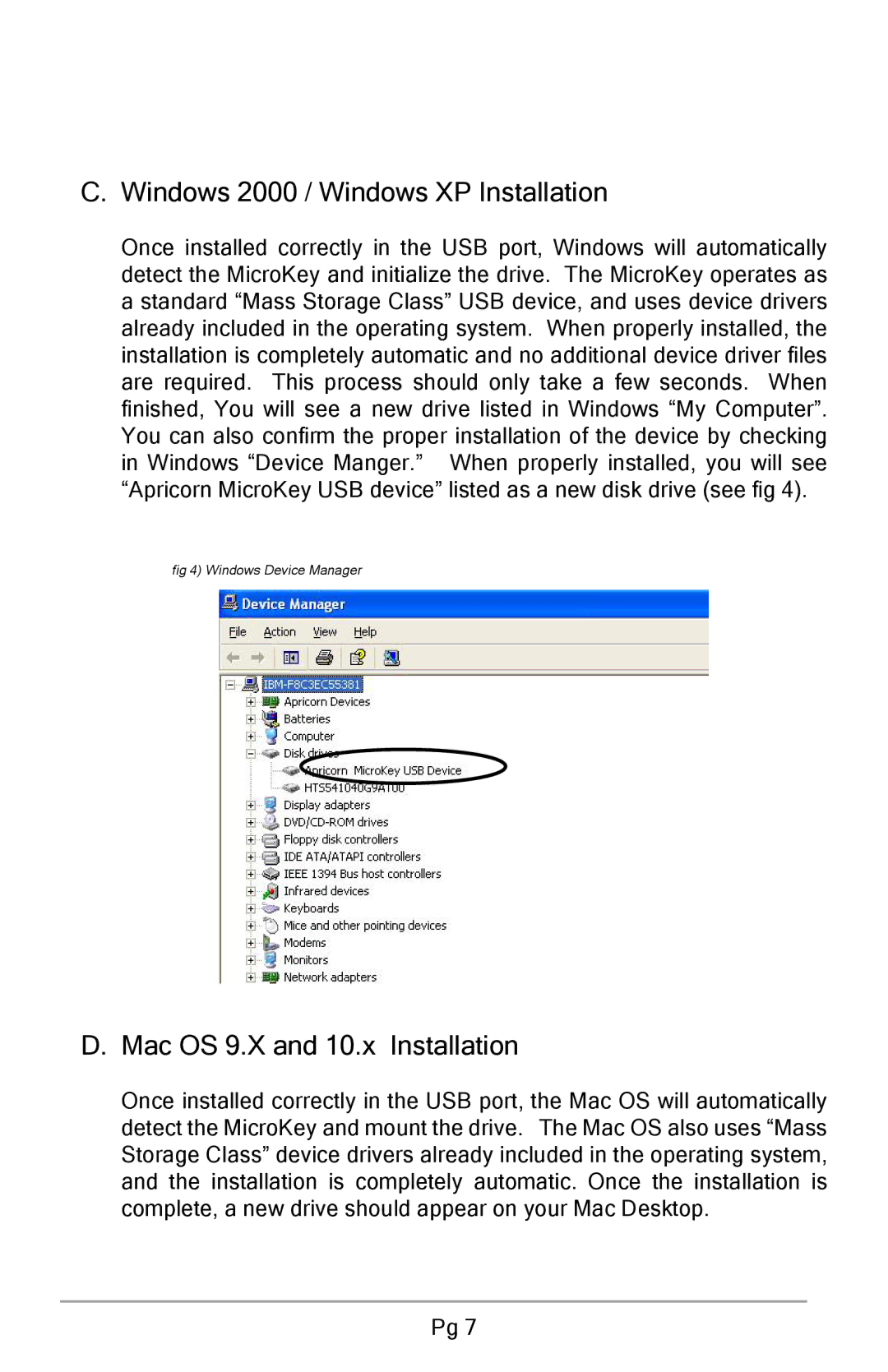 Apricorn USB Storage Device user manual Windows 2000 / Windows XP Installation, Mac OS 9.X and 10.x Installation 