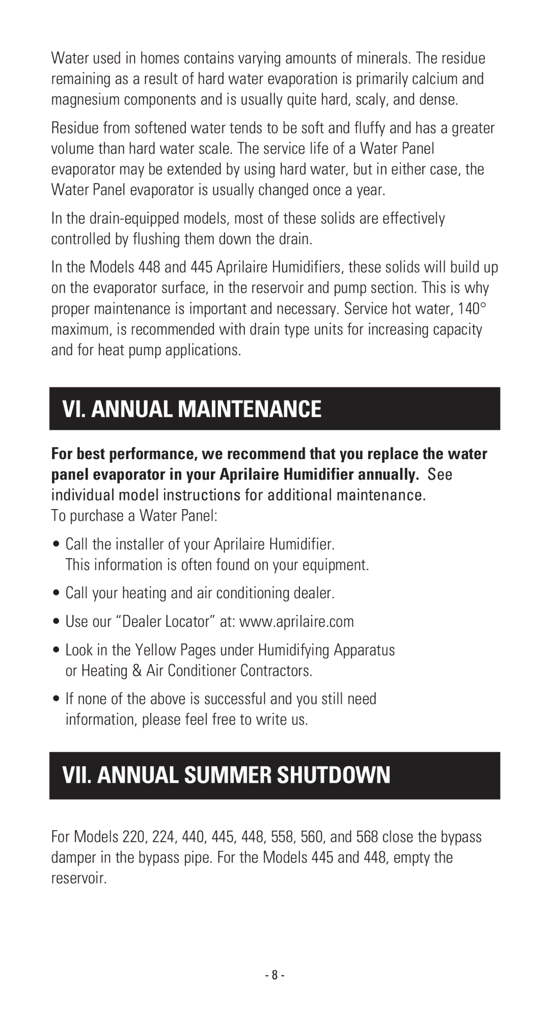 Aprilaire 110 owner manual VI. Annual Maintenance, VII. Annual Summer Shutdown 