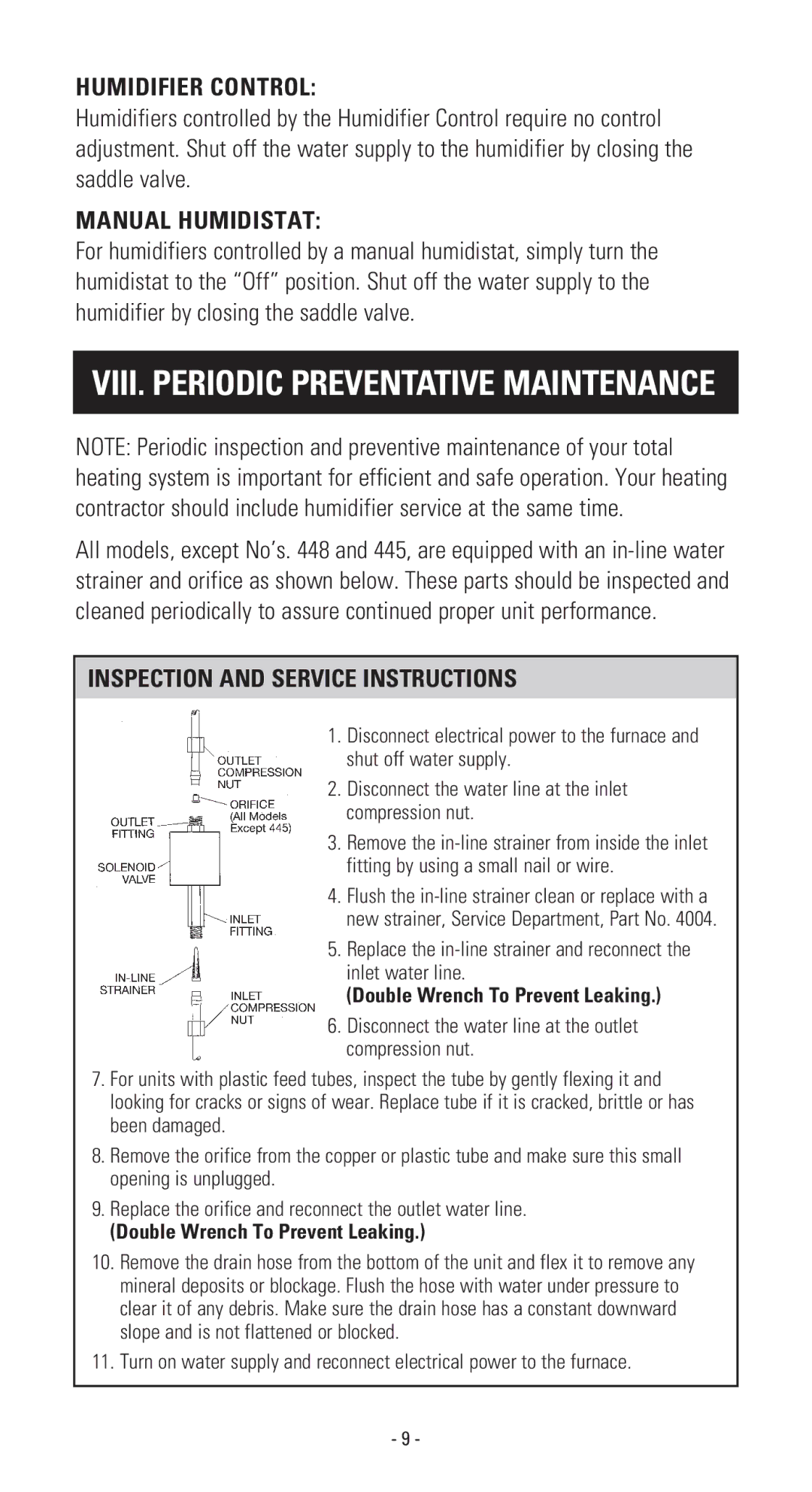 Aprilaire 110 owner manual VIII. Periodic Preventative Maintenance 