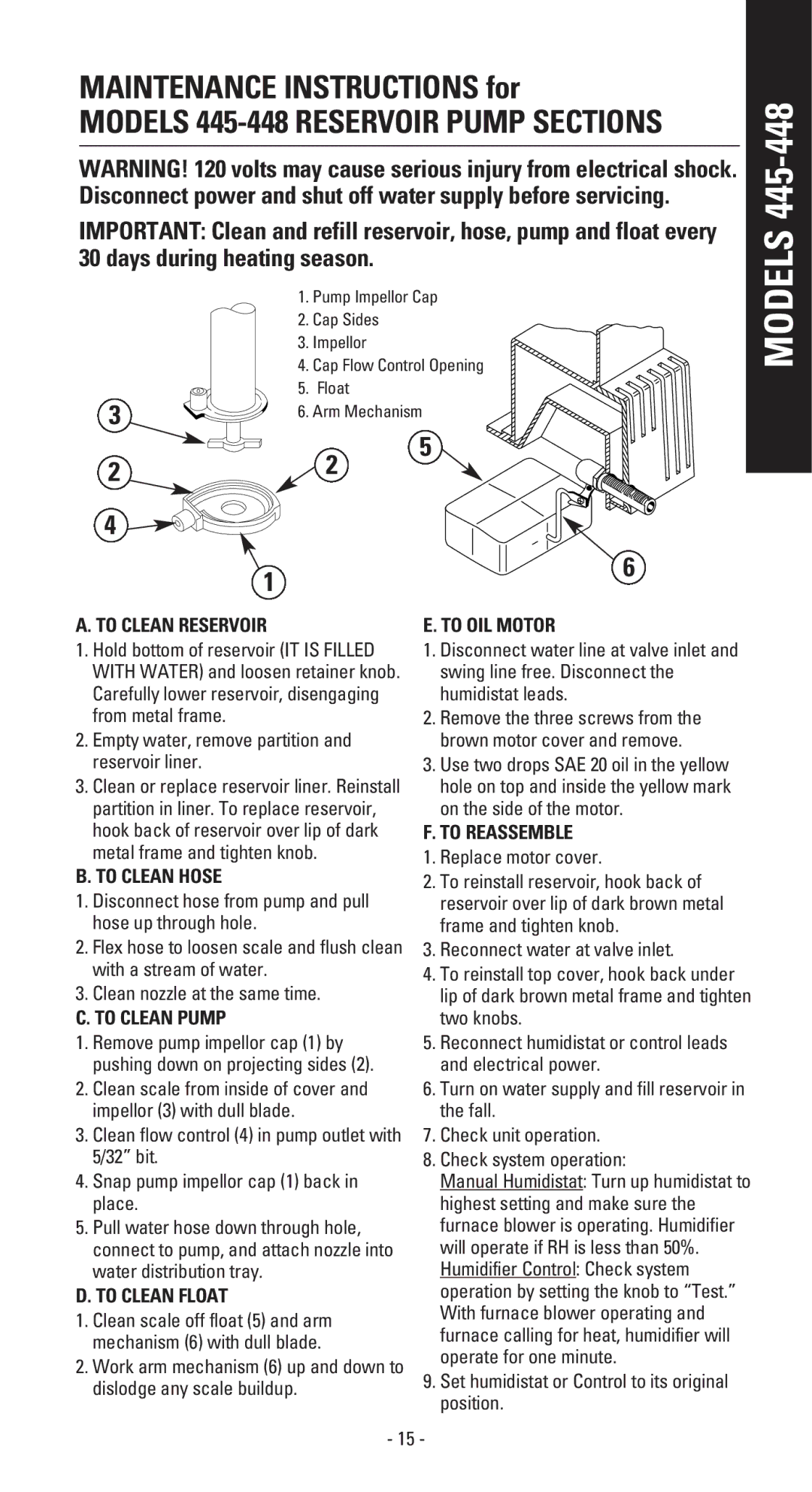 Aprilaire 110 owner manual Models 445-448 Reservoir Pump Sections 