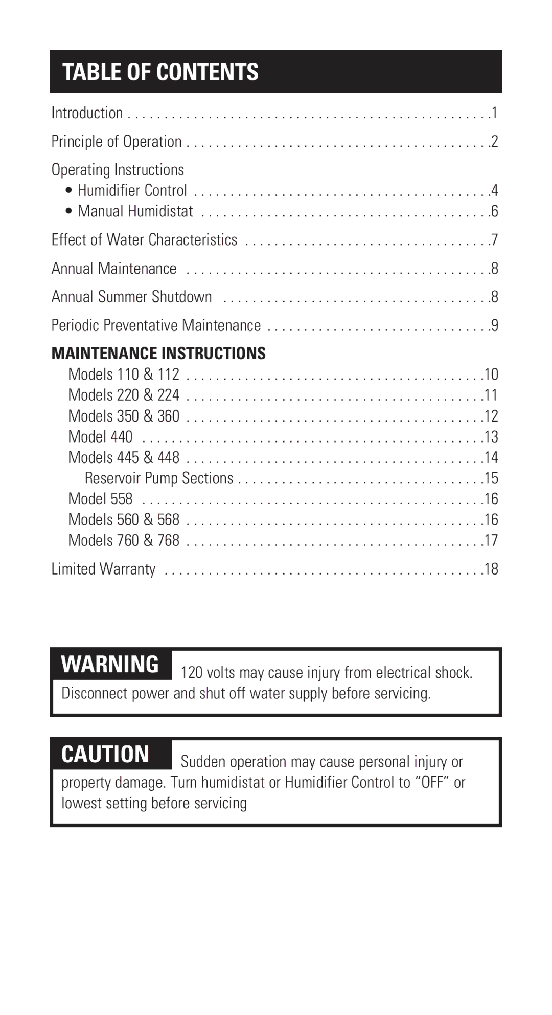 Aprilaire 110 owner manual Table of Contents 