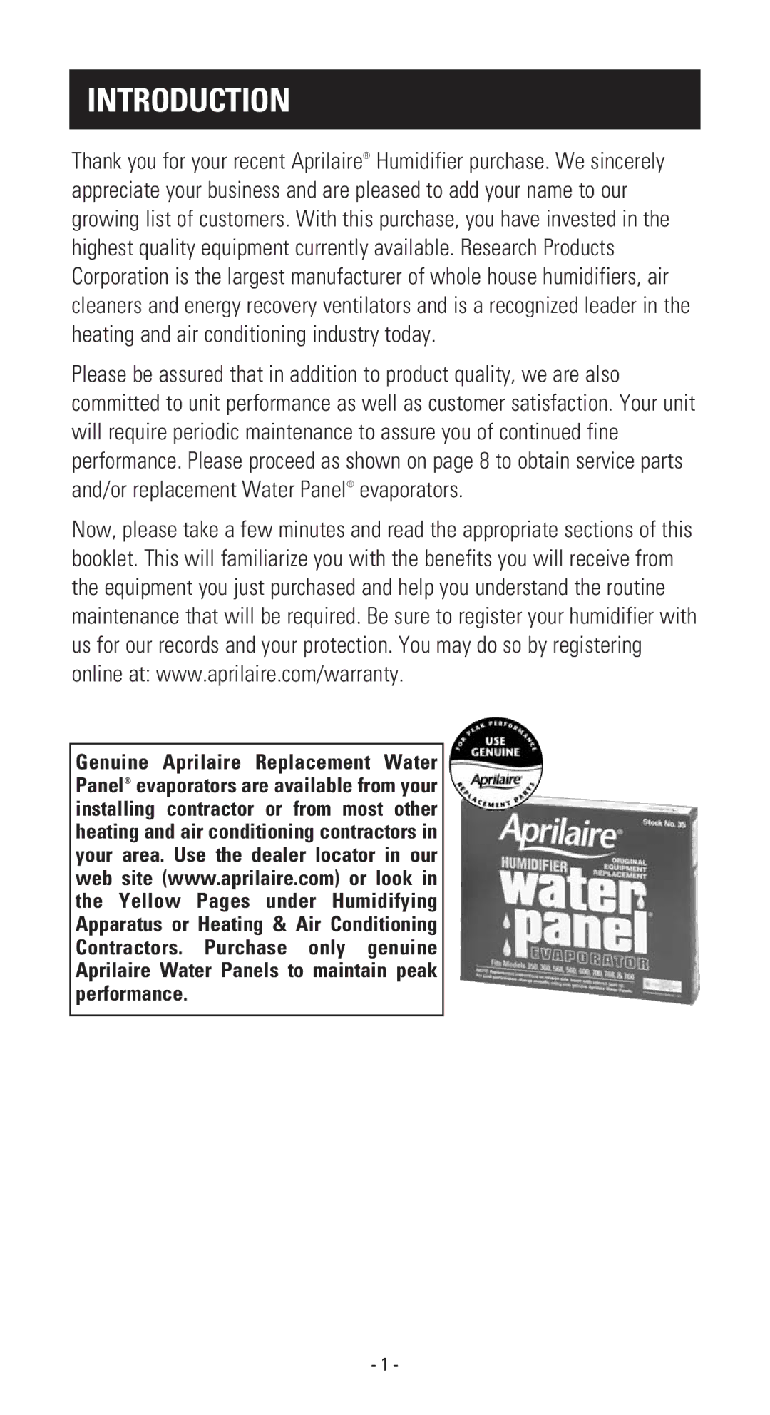 Aprilaire 110 owner manual Introduction 