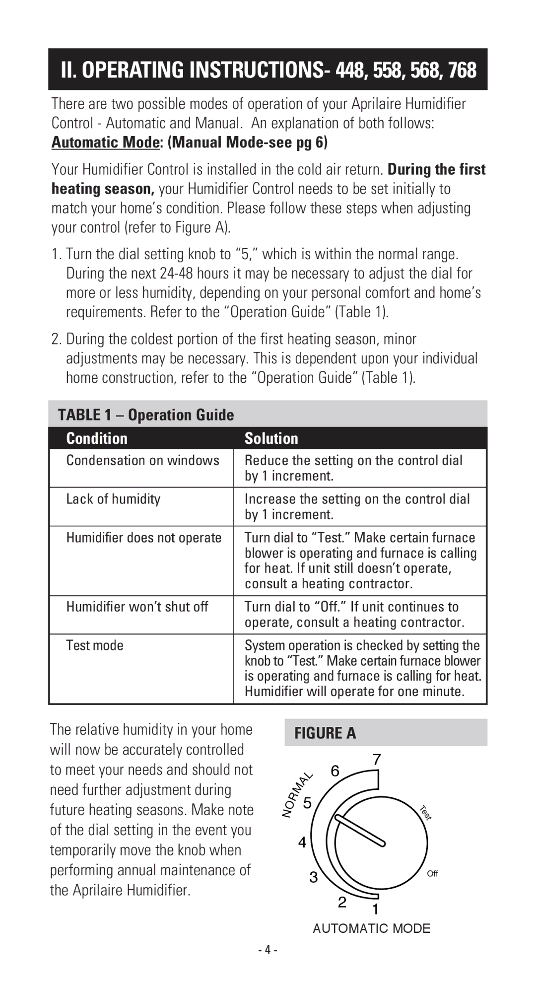 Aprilaire 110 owner manual Automatic Mode Manual Mode-see pg, Operation Guide 