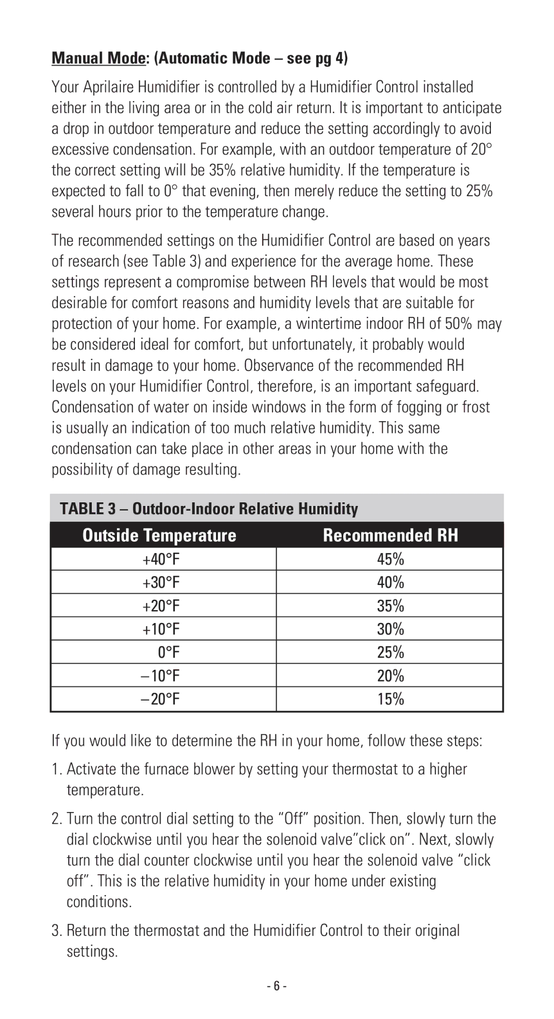 Aprilaire 110 owner manual Manual Mode Automatic Mode see pg, Outdoor-Indoor Relative Humidity 