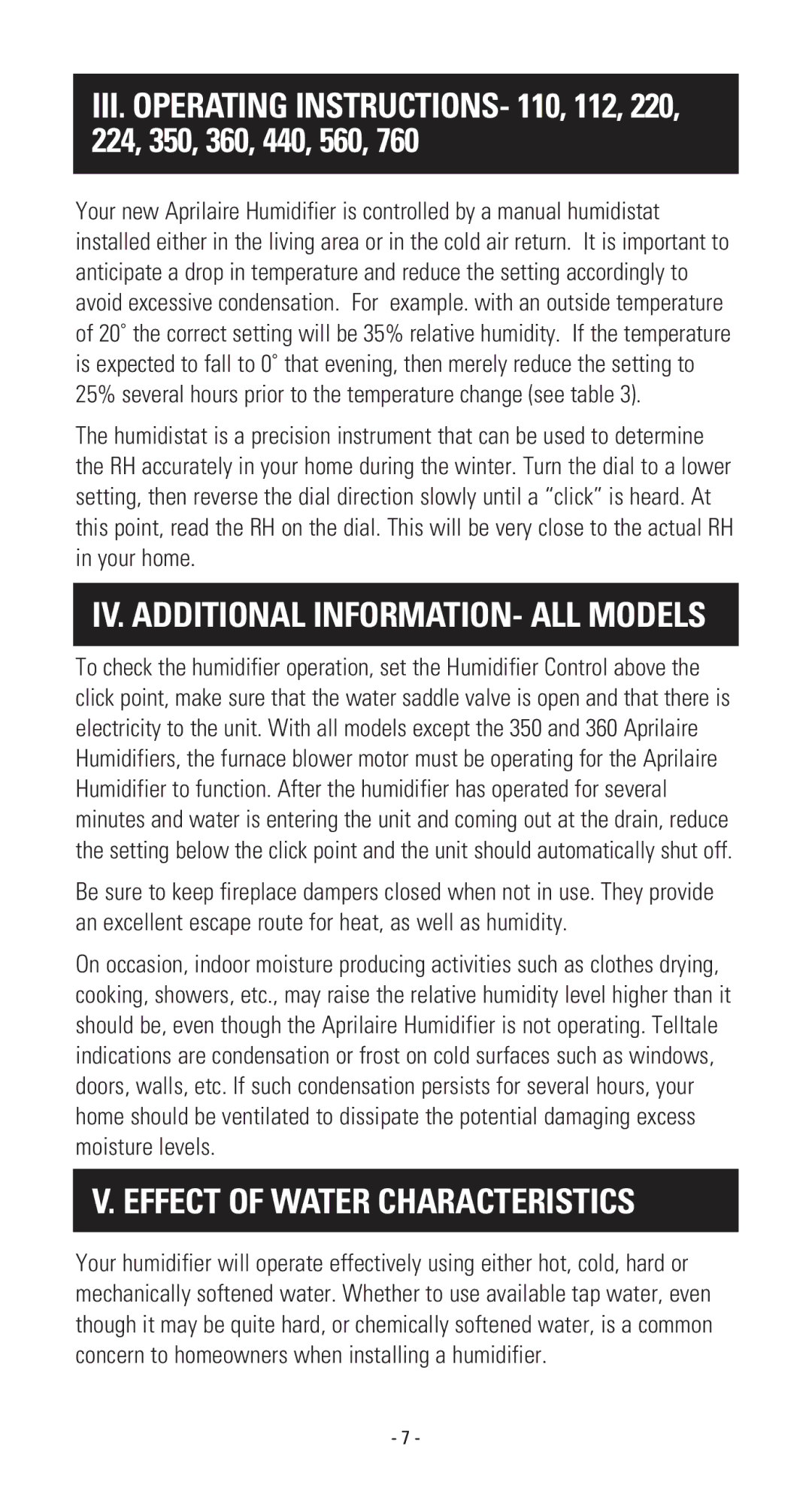 Aprilaire 110 owner manual Effect of Water Characteristics, IV. Additional INFORMATION- ALL Models 