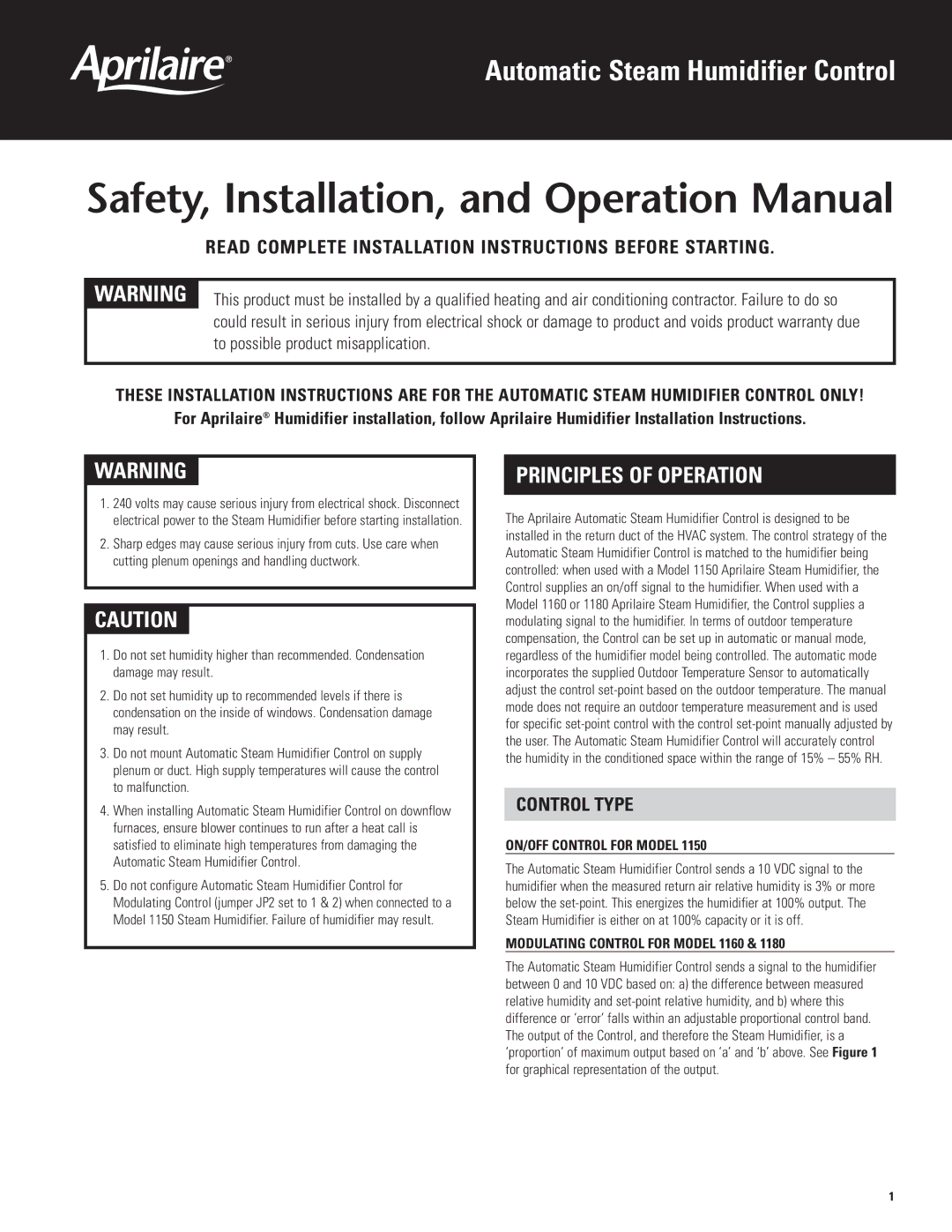 Aprilaire 1160 installation instructions Principles of Operation, Read Complete Installation Instructions Before Starting 