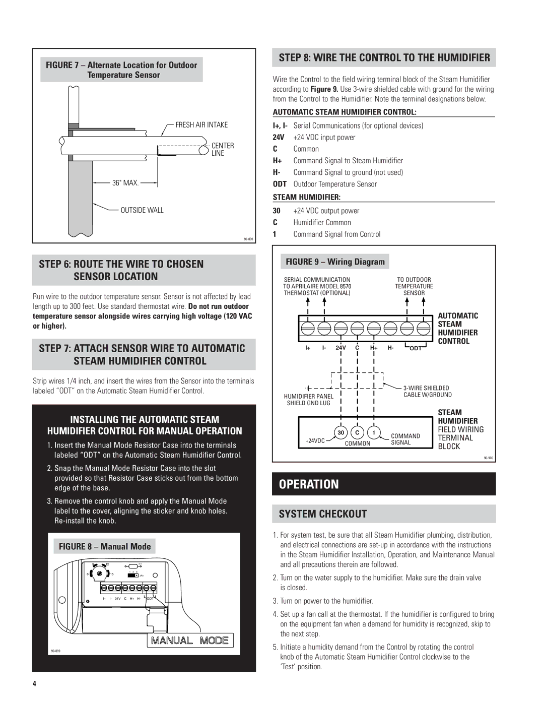 Aprilaire 1160 Operation, Wire the Control to the Humidifier, Route the Wire to Chosen Sensor Location, System Checkout 