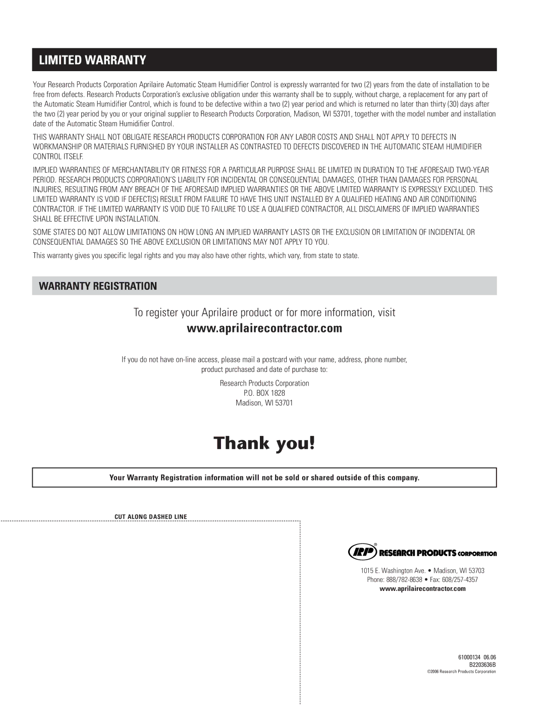 Aprilaire 1180, 1150, 1160 installation instructions Limited Warranty, Warranty Registration 