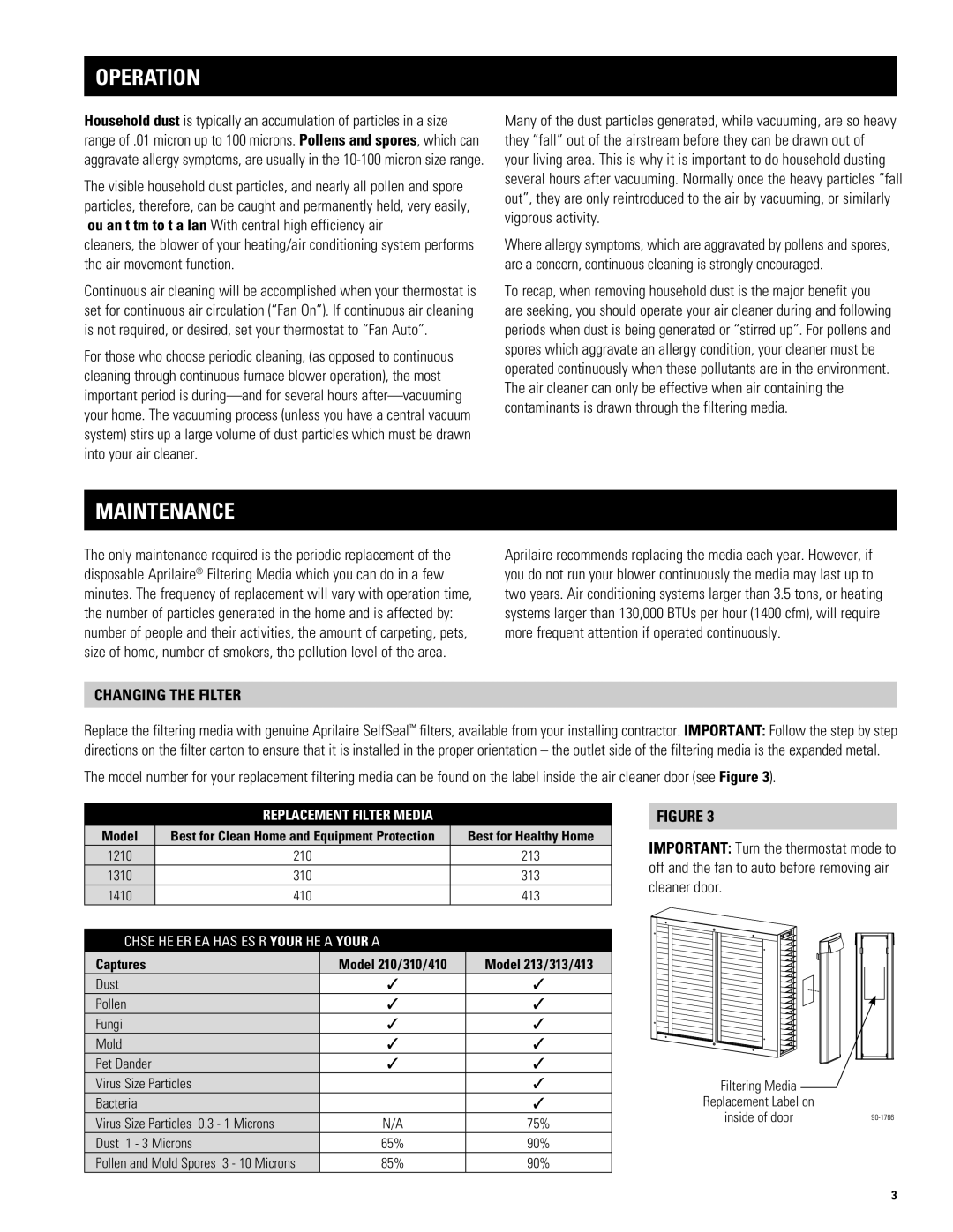 Aprilaire 1210, 1310, 1410 Operation, Maintenance, Changing the Filter, Captures Model 210/310/410 Model 213/313/413 