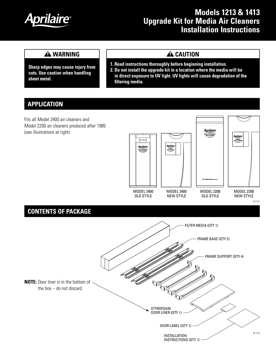 Aprilaire 1213, 1413 installation instructions Application, Contents of Package 