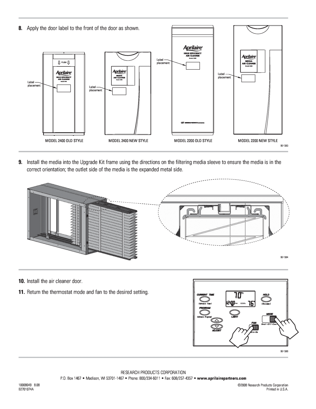 Aprilaire 1413, 1213 installation instructions Install the air cleaner door 