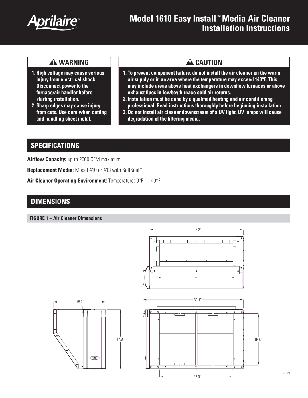 Aprilaire 1610 specifications Specifications, Dimensions 