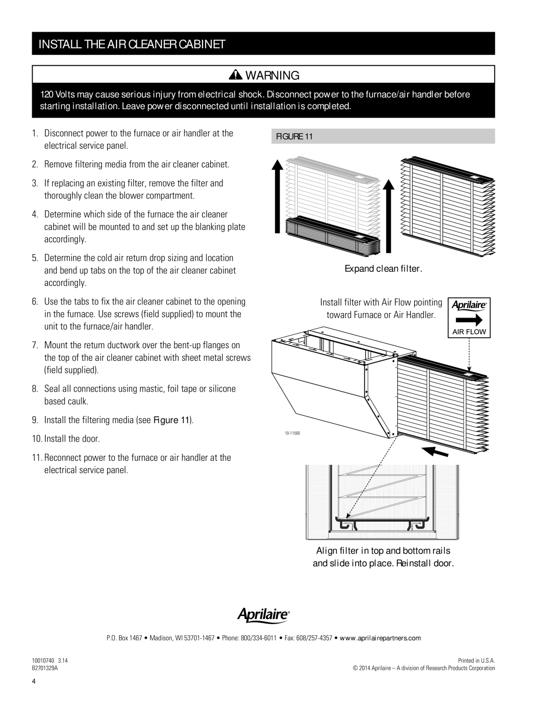 Aprilaire 1610 specifications Install the AIR Cleaner Cabinet, Expand clean filter 