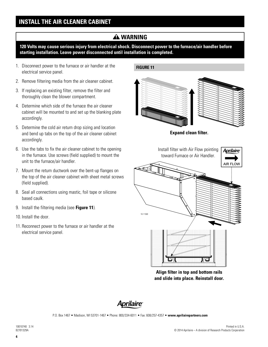 Aprilaire 1610 specifications Install The Air Cleaner Cabinet, Expand clean filter 