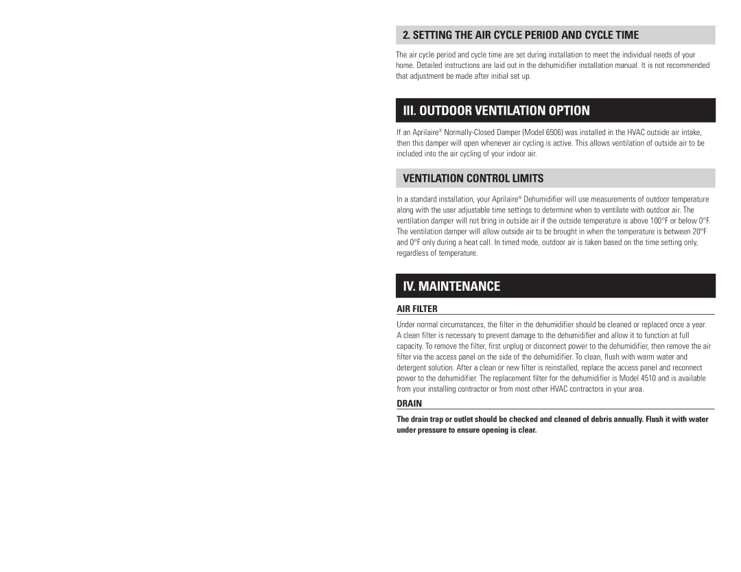 Aprilaire 1700 owner manual III. Outdoor Ventilation Option, IV. Maintenance, Setting the AIR Cycle Period and Cycle Time 